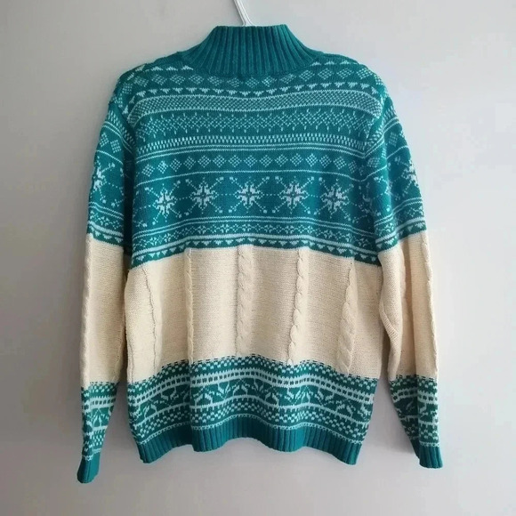 Vintage Fair Isle Fisherman Cable Knit Cotton Ramie Lambswool Sweater Medium - Picture 4 of 15